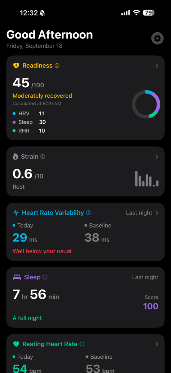 The Rheostat dashboard: a readiness score of 45 out of 100, marked Moderately recovered, with strain, heart rate variability and sleep beneath it.