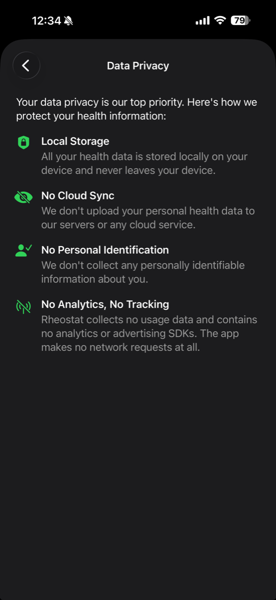 The Data Privacy screen: local storage, no cloud sync, no personal identification, no analytics or tracking.